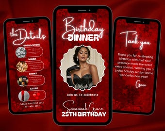Birthday Dinner Invitation, Elegant Red & Black, with Photo, Animated Template