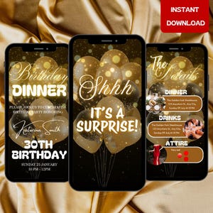 Black & Gold Surprise Birthday Dinner Invitation (Digital Download)