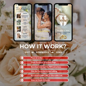 May include: Three smartphones showing wedding information, a couple, and an RSVP card, set against a backdrop of white flowers. Text includes "The Details," "Two Hearts One Journey," and "Kindly RSVP."