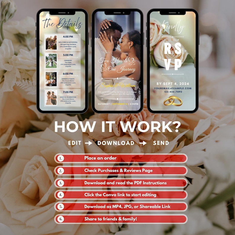 May include: Three smartphones showing wedding information, a couple, and an RSVP card, set against a backdrop of white flowers. Text includes "The Details," "Two Hearts One Journey," and "Kindly RSVP."