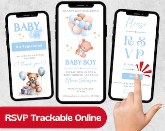Blue Teddy Bear Baby Shower Invitation, Web Digital invite Template with Clickable RSVP Link