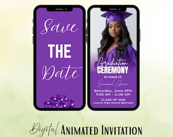 Purple Graduation Save The Date Video Invitation Custom Photo Canva Editable Template Mobile E Invite