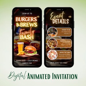 Op de afbeelding: Digitale geanimeerde uitnodiging op twee smartphones. Het linkerscherm toont "Burgers & Brews Family Bash" met een hamburger, friet en bier. Het rechterscherm toont evenementdetails, inclusief locatie, tijd en RSVP-informatie.