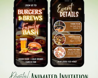 Burgers & Brews Family Bash Invitation, Cookout Party, Neon Glow Style, Animated Template