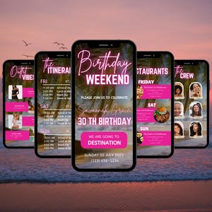 Digital Birthday Weekend Invitation, Animated Travel Itinerary, Girls Pink Miami Vacation Schedule Trip Evite, Editable Planner Template