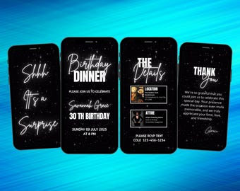Surprise Birthday Dinner Invitation Party, Elegant Black White Script, Animated Template