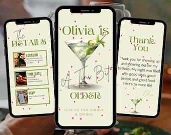 A Tini Bit Older Birthday Invitation, Martini Cocktail Theme Green Pink, Digital Animated Invitation