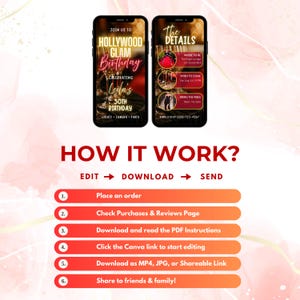 May include: A digital invitation for a Hollywood Glam birthday party. The design features two smartphones displaying event details, including the venue, date, and time. Instructions on how to order, edit, and share the invitation are also included.