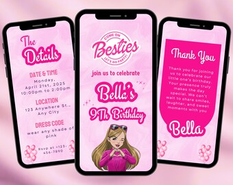 Animated Besties Birthday Invitation: Pink Doll, Sparkle Glitter (Editable)