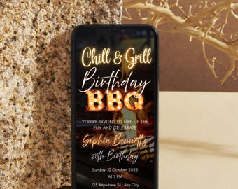 Chill & Grill Birthday BBQ Invitation, Rustic Dark Glow, Cookout Party Style, Animated Template