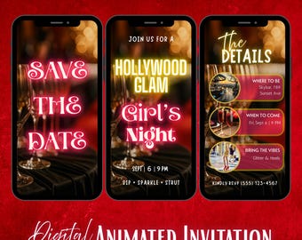 Hollywood Glam Girl’s Night Invitation, Save Date Glam Party, Red Gold Sparkle, Editable invite