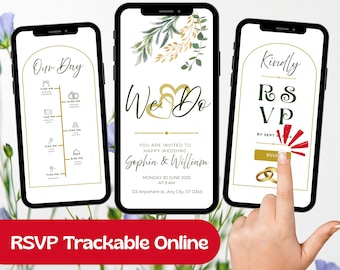Convite de casamento online "We Do Wedding", modelo digital em tons de verde e dourado com link clicável para confirmação de presença.