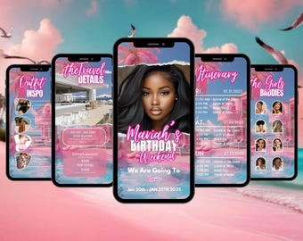 Digital Birthday Weekend Invitation, Animated Travel Itinerary, Rose Gold Miami Vacation Schedule Trip Evite, Editable Planner Template