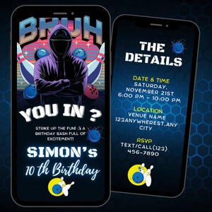 May include: A blue and yellow digital invitation for a 10th birthday party with a bowling theme. The invitation features a cartoon character wearing a purple hoodie and holding a bowling ball. The text on the invitation reads "Bruh You In?" and "Simon's 10th Birthday". The invitation also includes the date, time, location, and RSVP information.