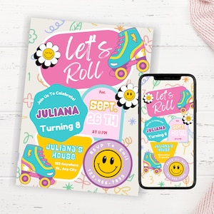 Let's Roll Roller Skate Birthday Party Invitation Template, ANY AGE, Daisy Birthday Invite, Retro Roller, Rainbow, Girl Birthday Skate Party