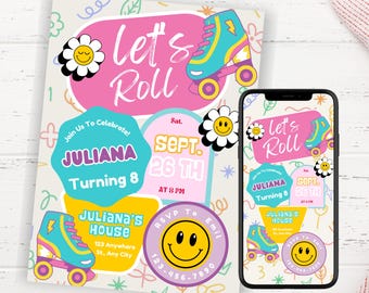 Let&#39;s Roll Roller Skate Birthday Party Invitation Template, ANY AGE, Daisy Birthday Invite, Retro Roller, Rainbow, Girl Birthday Skate Party
