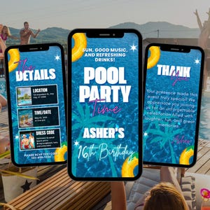 Könnte beinhalten: Drei Smartphone-Bildschirme mit einem blauen und weißen Poolparty-Einladungsdesign. Der Text auf den Bildschirmen lautet "Pool Party Time", "The Details" und "Thank You".