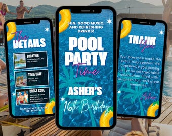 Pool Party Time Birthday Invitation, Fun Tropical Vibes, Blue Water Style, Animated Template
