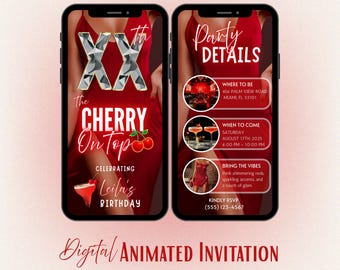 Custom Age Cherry On Top verjaardagsuitnodiging, geanimeerde rode glamour Evite, sjabloon damesfeest