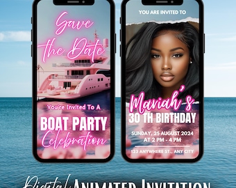 Boat Party Birthday Invitation, Tropical Pink & Blue Yacht Theme, with Photo, Animated Template