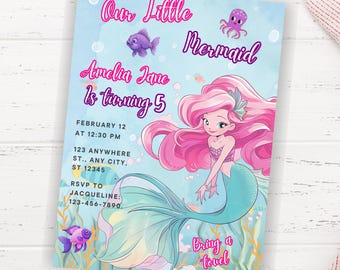 Editable Mermaid Birthday Invitation: Pink Under the Sea Party (5x7, Digital Download, Canva Template)