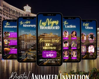 Las Vegas Birthday Weekend Invitation, Neon Glow Animated Travel Itinerary Digital Template