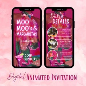 Moo Moos & Margaritas Birthday Invitation, Digital Ladies Night Invite, Pajama Girls Day Party Invitation, Animated Pink Moo Moos Invitation