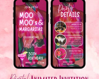 Moo Moos & Margaritas Birthday Invitation, Animated Girls Night Party Evite, Editable Ladies Celebration Template