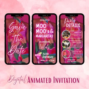 save the date Moo Moos & Margaritas Birthday Invitation, Digital Ladies Night Invite, Animated Pink Moo Moos Invitation