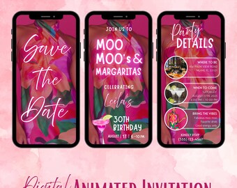 Moo Moo’s & Margaritas Birthday Invitation, Fun Pink Margarita, Colorful Party, Animated Template