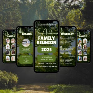 May include: A digital invitation for a family reunion in Miami, Florida. The invitation features a green and black color scheme with a photo of a family. The text on the invitation reads "The Andersons Family Reunion 2025" and includes the dates June 19th - June 24th, 2025. The invitation also includes a detailed itinerary for the reunion.