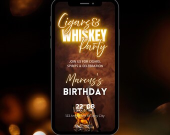 Cigars & Whiskey Birthday Invitation, Dark Brown Gold Neon Glow, Digital Animated Invitation