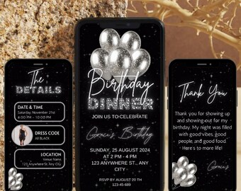 Birthday Dinner Invitation, Black Silver Sparkle Balloons, Elegant Party, Animated Template