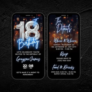 Animated 18th Birthday Video Invitation: Chrome Neon Blue Evite (Digital Download)