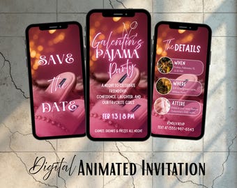 Galentines Pajama Party Invitation, Girls Night Sleepover Invite, Pink Cozy Animated Digital Invitation