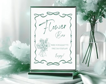 Flower Bar Sign, Wedding Shower Sign, Editable Template, Green Floral Printable Poster