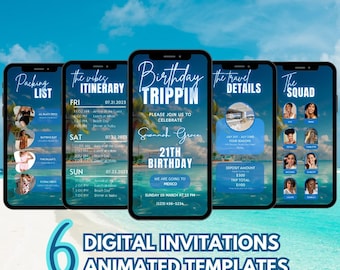 Blue Birthday Trip Invitation, Tropical Trippin Itinerary Template, Digital Editable Animated Design