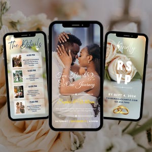 May include: Three smartphones displaying wedding invitation details. The centre phone shows a couple embracing with text "Two Hearts One Journey." The left phone lists event times. The right phone says "Kindly RSVP" with contact info.
