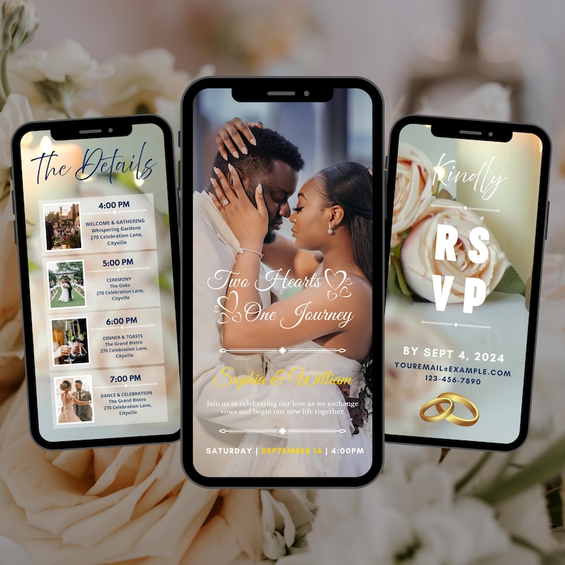 May include: Three smartphones displaying wedding invitation details. The centre phone shows a couple embracing with text "Two Hearts One Journey." The left phone lists event times. The right phone says "Kindly RSVP" with contact info.