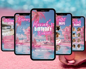 Animated Birthday Trip Invitation, Editable Pink Tropical Itinerary Party Design