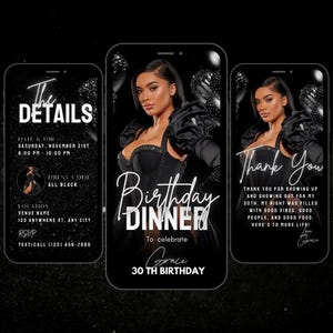 May include: A black and white birthday party invitation with a photo of a woman in a black corset and a black feather boa. The invitation says "Birthday Dinner" and "To celebrate Grace 30th Birthday".