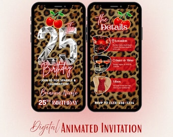 25th Leopard Print Birthday Invitation, Animated Cherry Party Evite, Digital Template