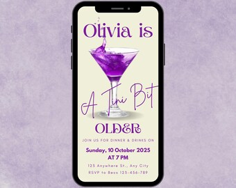 A Tini Bit Older Birthday Invitation, Martini Cocktail Party, Purple & Cream, Animated Template