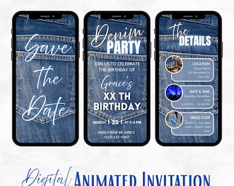 Denim Party Birthday Invitation, Blue Jeans Theme, Casual Chic Style, Animated Template