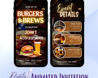 Burgers & Brews Birthday Invitation, Cookout Party, Dark Modern Glow, Animated Template
