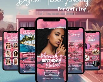 Girls Trip Birthday Weekend Invitation with Custom Photo, Pink Travel Itinerary Template