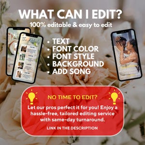 May include: Three smartphones display wedding details and a couple's photo. Text highlights editing options: text, font colour, style, background, and song. A red banner offers a tailored editing service.