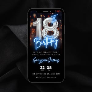 Animated 18th Birthday Video Invitation: Chrome Neon Blue Evite (Self-Editable Digital Download)
