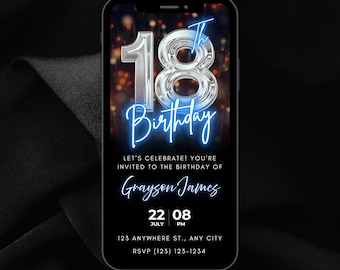 Animated 18th Birthday Video Invitation: Chrome Neon Blue Evite (Self-Editable Digital Download)