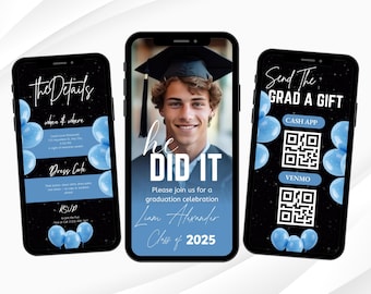 Convite eletrônico "Ele Conseguiu" para a formatura, design para a celebração da turma de 2026, convite azul para festa de formatura.